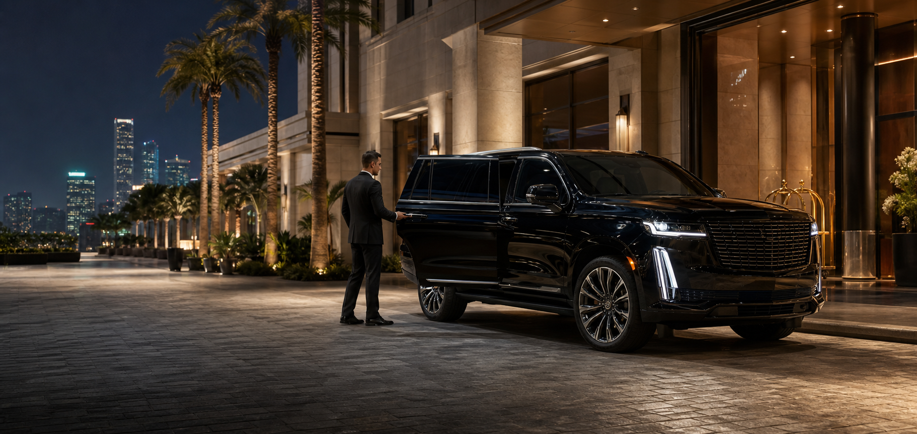 Luxury chauffeur arrival at LA hotel at night